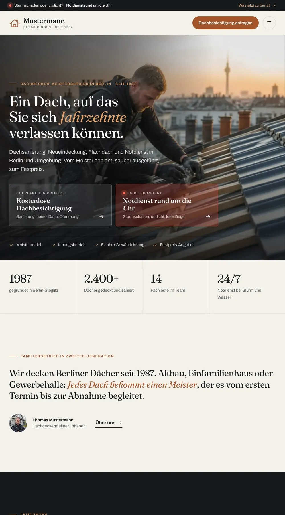 Webseite von Mustermann Bedachungen